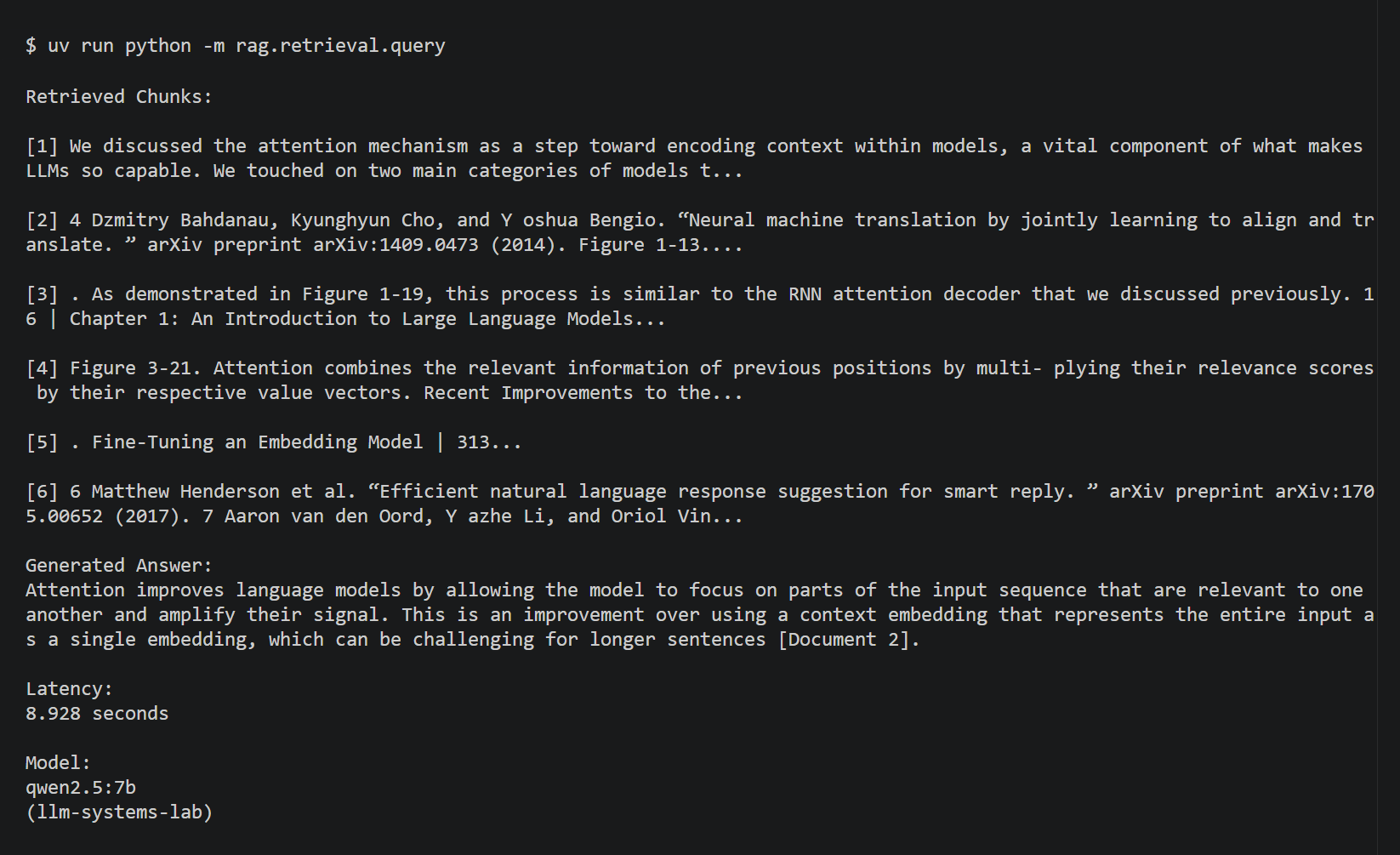 An example terminal query from LLM Systems Lab, displaying retrieved document chunks, a generated answer, latency, and model metadata.